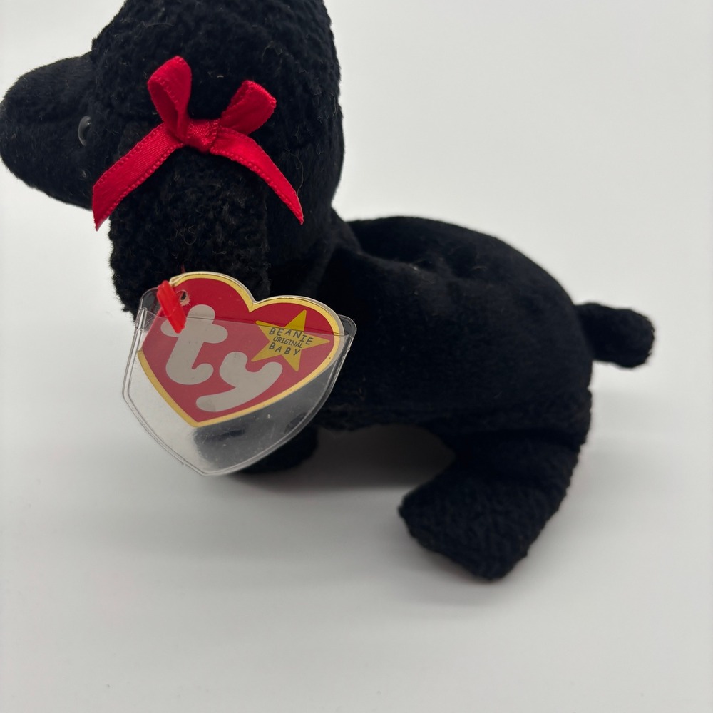 MWMT Ty Beanie Baby Gigi‎ Black Dog Poodle Plush Toy Red Bows Heart Tag